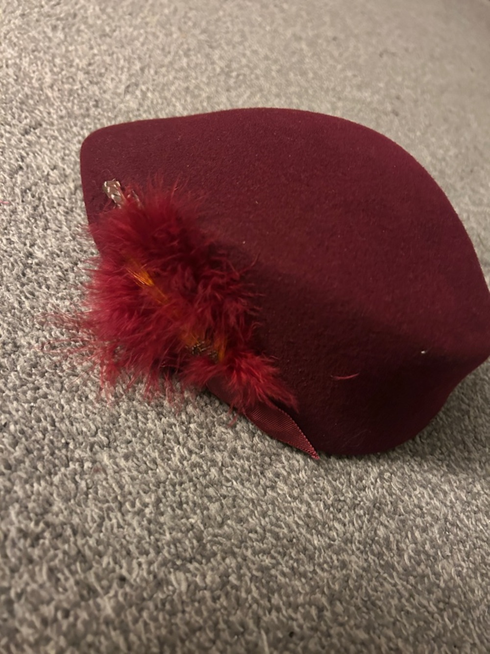 Women’s Deep Red Feather Accent Felt Pillbox Hat Lancaster Wool